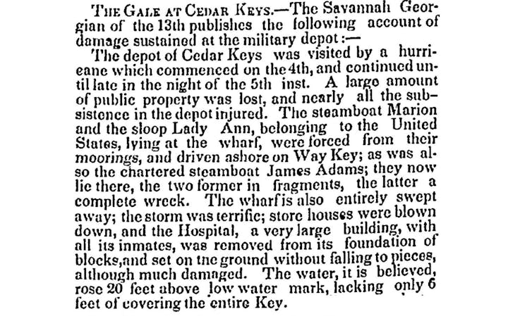 An image of a newspaper column that describes steamboats driven ashore, the wharf swept away and a hospital, with patients inside, moved off its foundation.