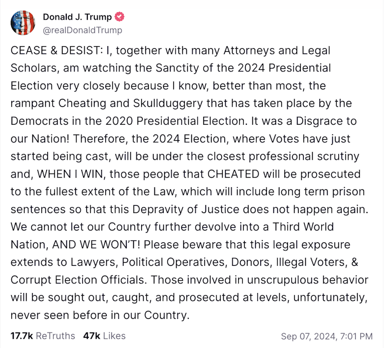 A social media post from Donald Trump, predicting he will win the 2024 election and that he will then prosecute those who he claims cheated in the 2020 election.