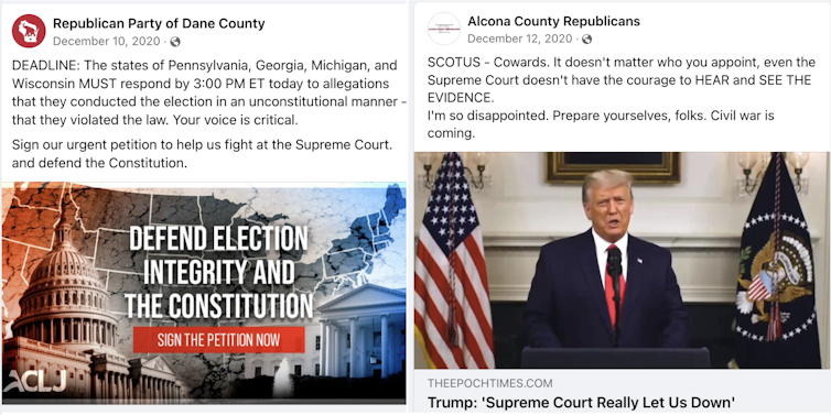 Two December, 2020 Facebook posts, from the Republican Party of Dane County, Wisconsin on the left, and the Alcona County Republicans from Michigan on the right, questioning the 2020 election results.