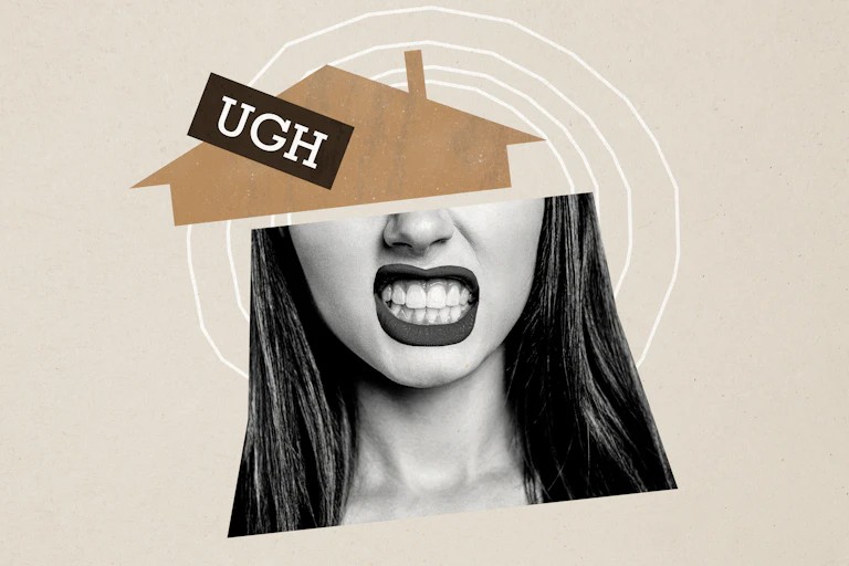 A graphic featuring a young woman looking angry at a lack of accomodation choices