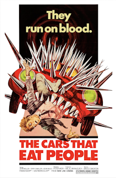 film poster shows car with spikes running over person and title: the cars that eat people