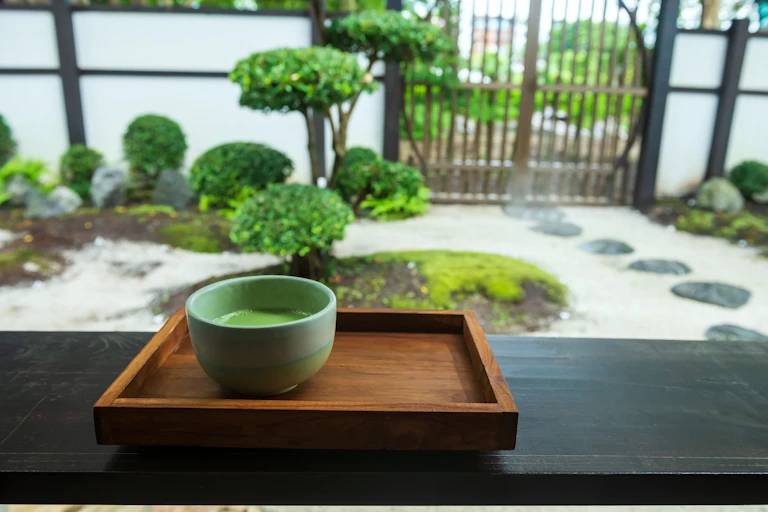 A tea ceremony in a Japanese garden.