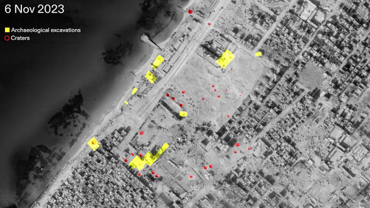 Satellite images from 6 November 2023 showing the location of craters (red) and excavated archaeological sites (yellow)..