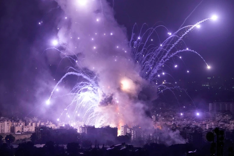 Flames and smoke rise from an Israeli airstrike in Dahiyeh, Beirut, Lebanon, Monday, Oct. 7, 2024.