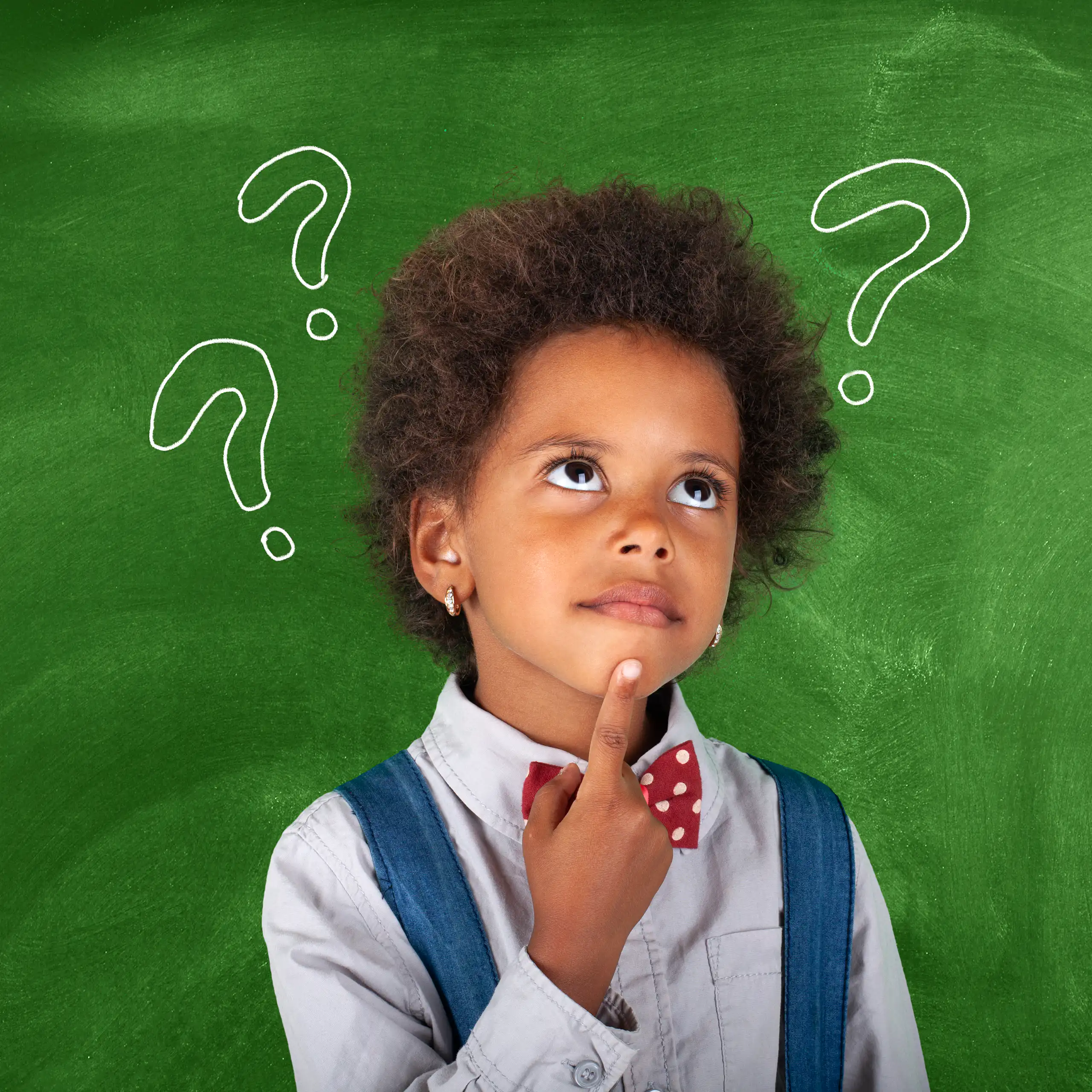 A child stands in front of a green chalkboard, one finger on their chin, comic-style question marks popping out of their head
