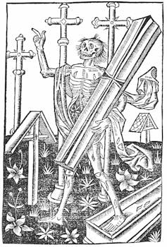 A black and white drawing of an undead corpse rising from its grave