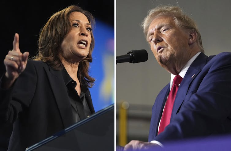 A diptych with a woman speaking on the left and a man speaking on the right.