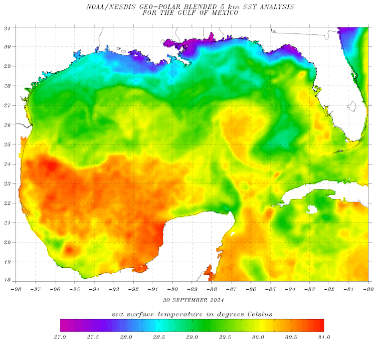 A map shows Gulf of Mexico sea surface temperatures.