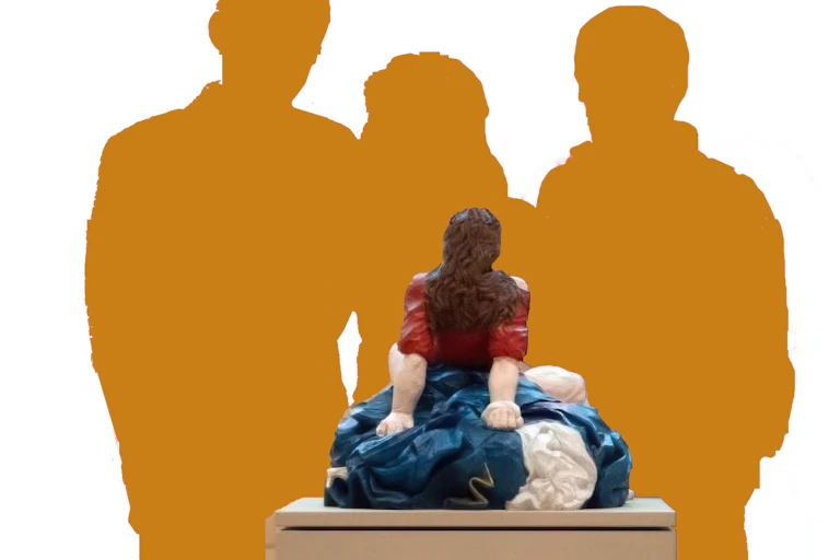 Silhouette of three people looking as a woman gives birth.