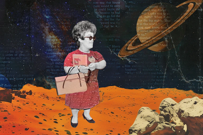 Collage of short woman with short hair and sunglasses standing on a planet while holding a purse.