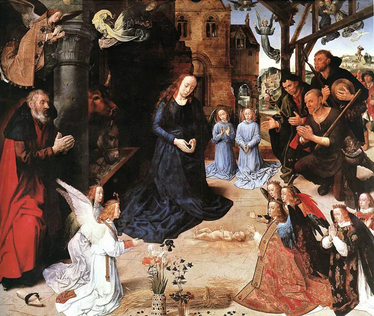 Painting showing a naked baby lying on the ground, as a woman looks at him intently, angels fly above and sit by her side, and others stand near with hands folded.