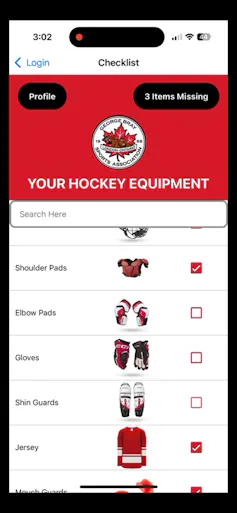 (Screen of software showing different hockey equipment)