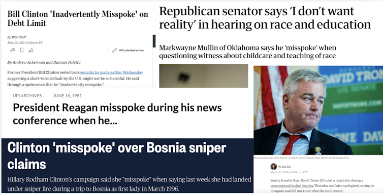 A collage of stories whose headlines or content includes the word 'misspoke.'