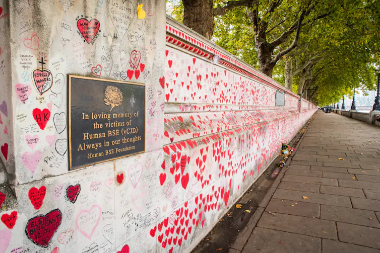 Photo d’une plaque commémorative installée en 1994 à Londres est dédiée à la mémoire des victimes de l’encéphalopathie spongiforme bovine. Le mur sur lequel elle se situe, non loin de St Thomas’ Hospital, est depuis devenu un lieu de souvenir pour les vic