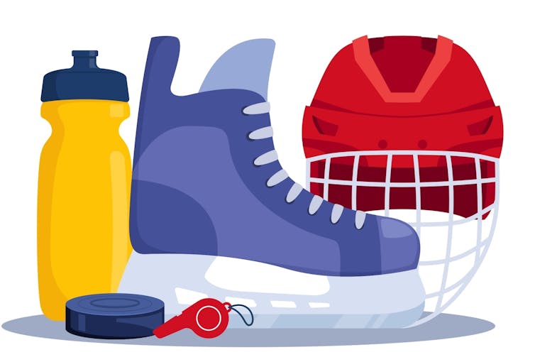 Hockey items including helmet, water bottle and whistle.
