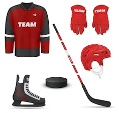 Hockey equipment including gloves, a helmet and a stick.