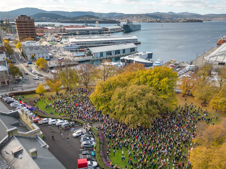 An aerial view of a large crowd of protesters in Hobart.