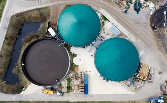 An aerial view of a biogas plant.