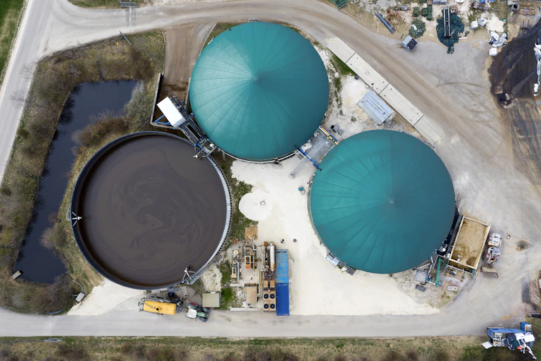 An aerial view of a biogas plant.