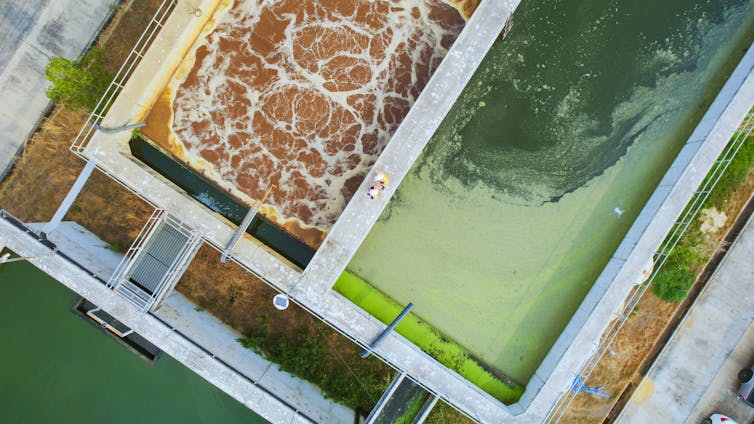 Aerial view of a wastewater treatment plant with some algal growth in one tank.
