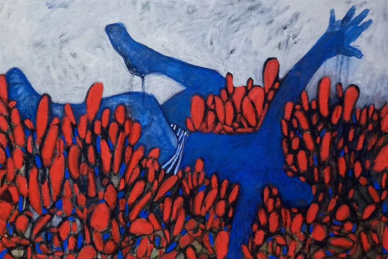 An artwork in which a stylised blue human figure lies on a bed of red plantlike shapes, an arm and a leg raised in the air.