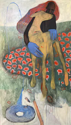 A painting shows abstract shapes with figurative elements - a human holds a buck-like animal on a field of red flowers.