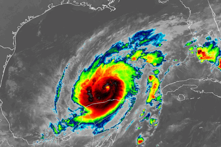 A satellite image that detects cloud tops shows a large hurricane off Mexico Yucatan Peninsula