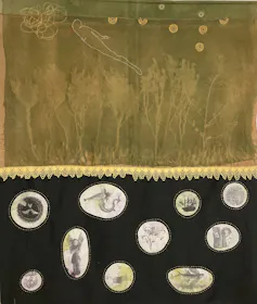 An artwork with the top half showing a human form stitched onto fabric and swimming or flying above trees towards a cloud; at the bottom various images are stitched into circles.