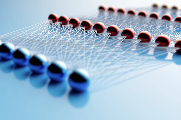 four rows of colored balls with strings connecting the balls across the rows