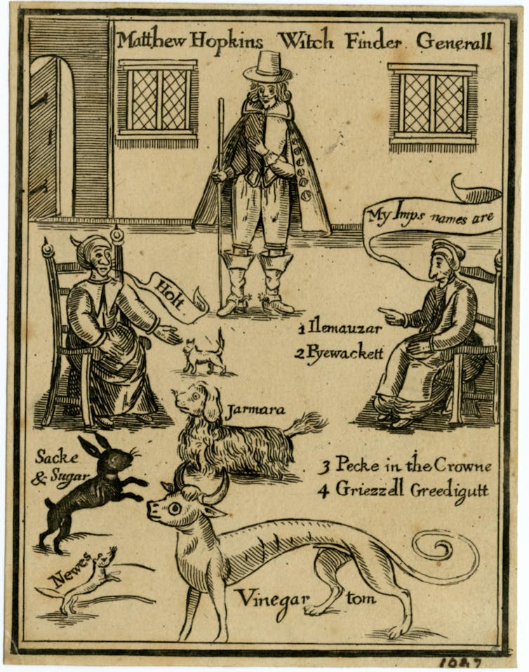 An illustration showing a man standing in the middle of a room with two older women sitting on either side of him and five animals around them.