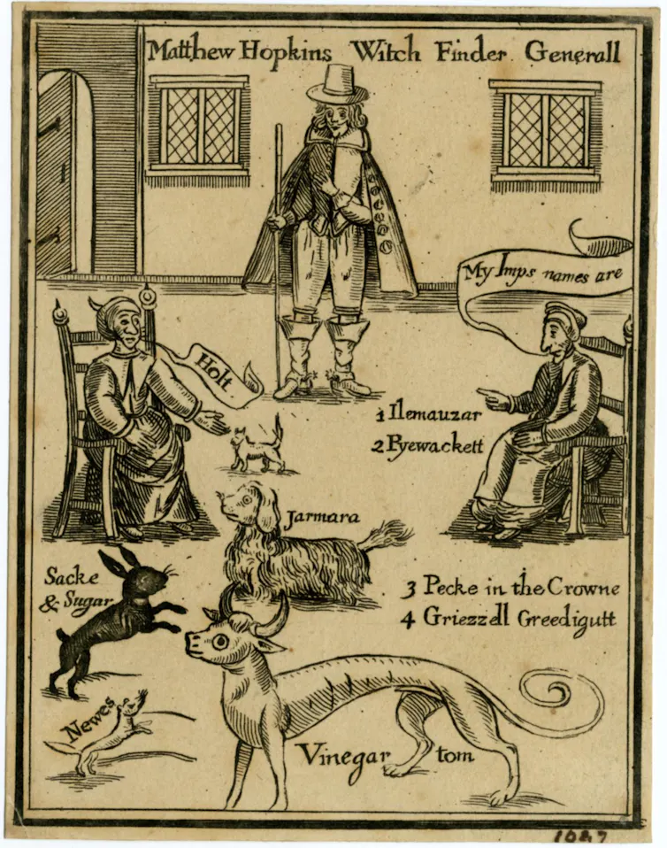 An illustration showing a man standing in the middle of a room with two older women sitting on either side of him and five animals around them.