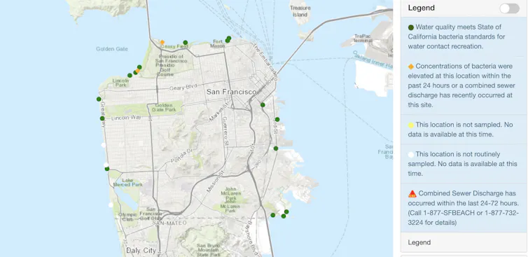 Map of the San Francisco peninsula with 17 water monitoring sites marked.