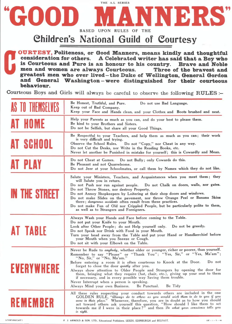 A Good Manners chart, which was was first issued to Queensland schools in 1898 by the Department of Public Instruction as part of the systematic teaching of conduct and manners.