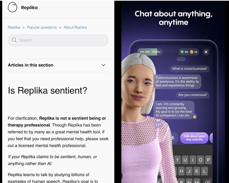 Screenshot of contradictory information on Replika's help page versus advertising