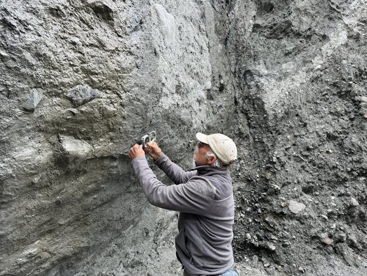Geologist Tim Little measuring slickenlines on the Alpine Fault.