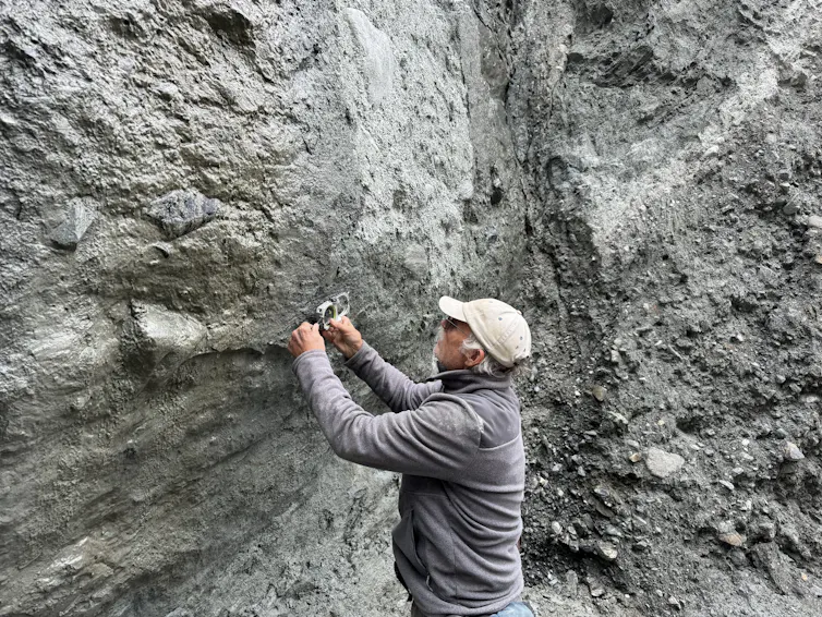 Geologist Tim Little measuring slickenlines on the Alpine Fault.