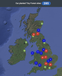Map of the tiny forest network planted by Earthwatch Europe and partners, as of October 2024.