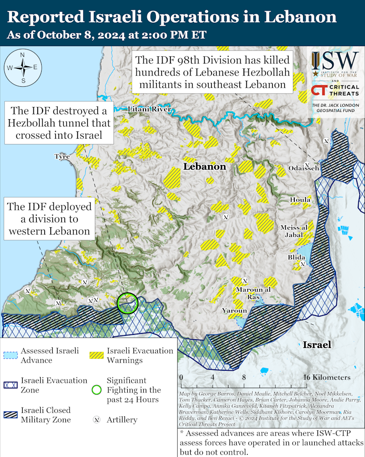 ISW map showing the state of Israel's incursion into southern Lebanon.
