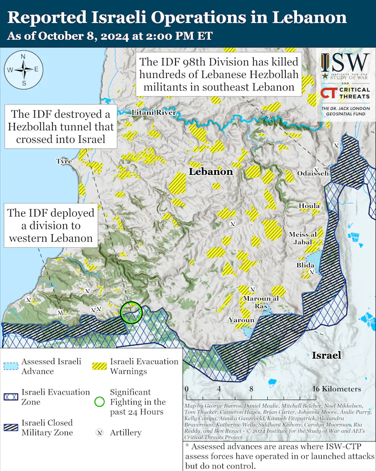 ISW map showing the state of Israel's incursion into southern Lebanon.
