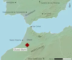 A map of north Morocco showing where Europe and Africa are found on either side of a body of water, a red square marking the site at Oued Beht.
