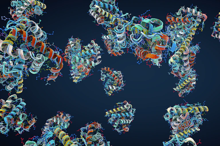 colorful squiggly molecules against a dark background