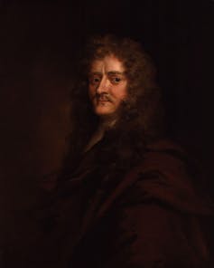 Darkly lit painting of a man in a Stuart wig