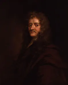 Darkly lit painting of a man in a Stuart wig
