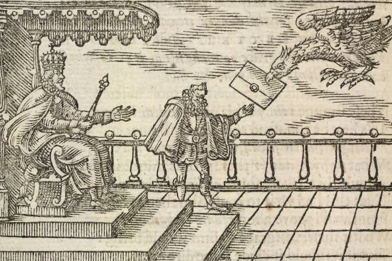 Drawing shows an eagle delivering a letter to a man before the king