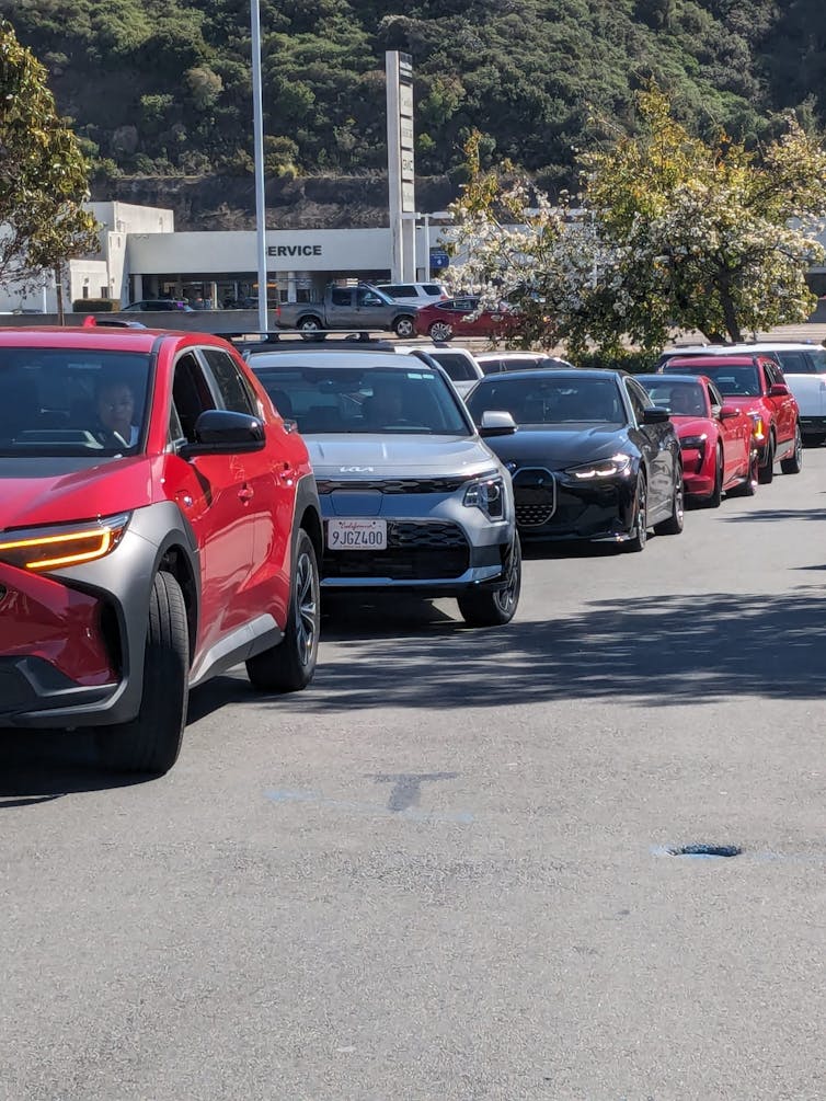 EVs parked in a long line.