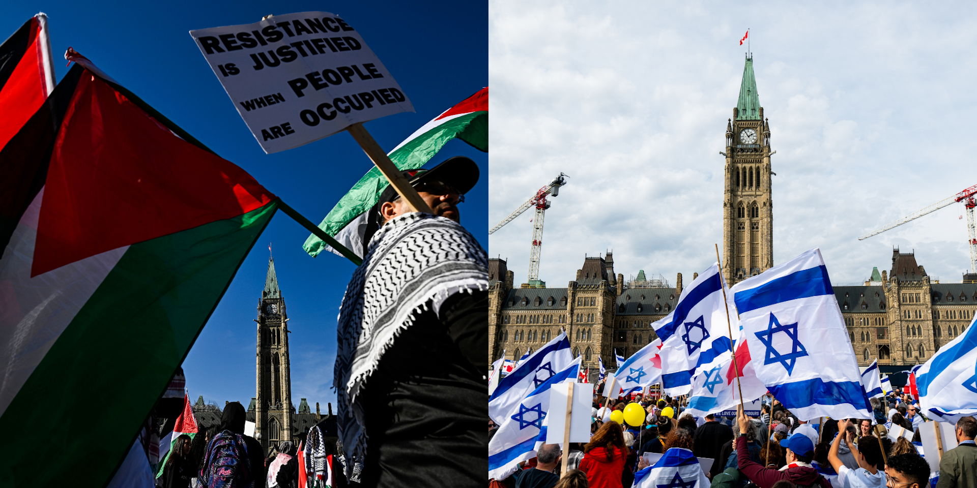 A collage showing images of two groups rallying in front of the Parliament building in Ottawa. The image on the left shows pro-Palestinian protestors with Palestinian flags, a keffiiyeh and a protest sign, and the image of the right shows a group of pro-Israel protesters holding Israeli flags.