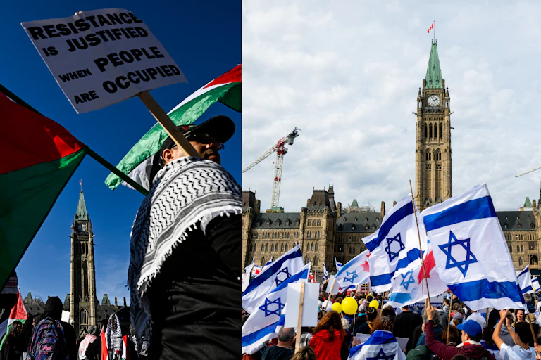 A collage showing images of two groups rallying in front of the Parliament building in Ottawa. The image on the left shows pro-Palestinian protestors with Palestinian flags, a keffiiyeh and a protest sign, and the image of the right shows a group of pro-Israel protesters holding Israeli flags.