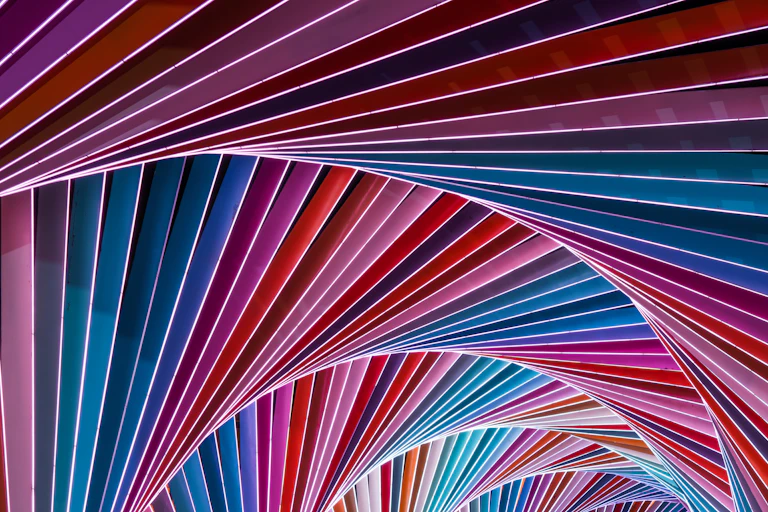 An abstract view of a multicolored archway.
