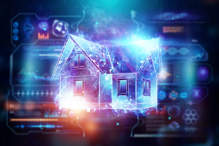 Hologram of house and percent sign.