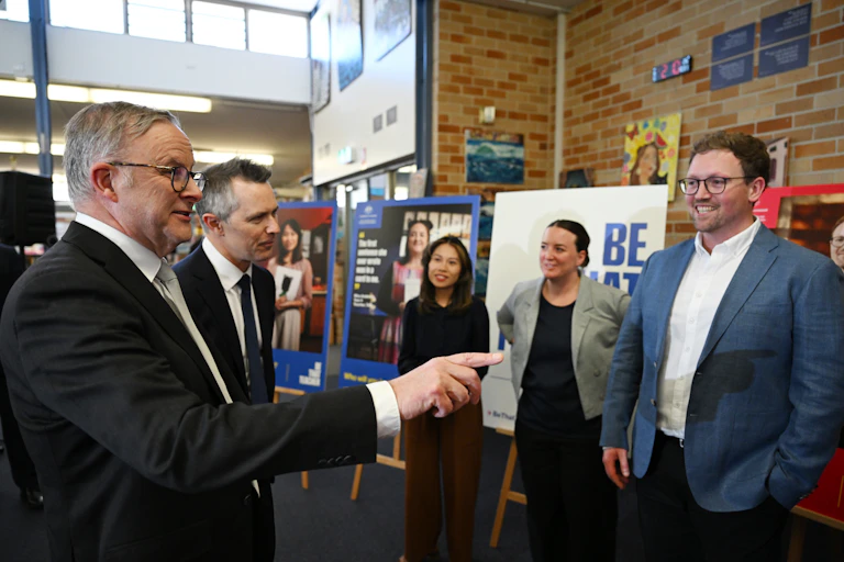 Prime Minister Anthony Albanese and Education Minister Jason Clare speak to teachers.